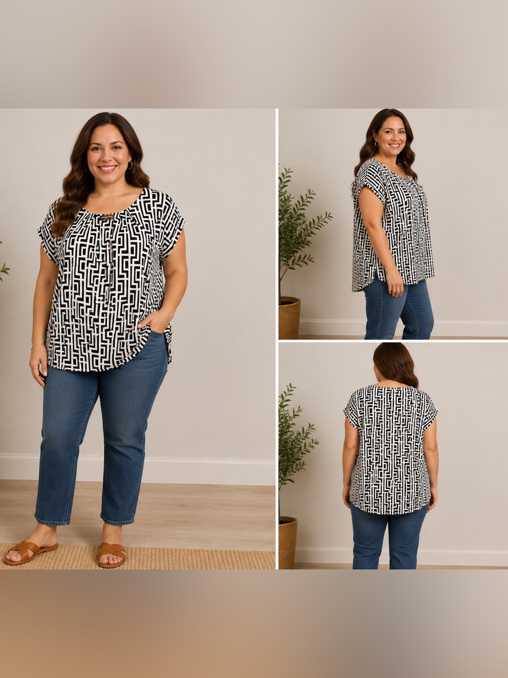 Adrienne Vittadini Geometric Print Blouse Womens Large Black White Stretch NWT